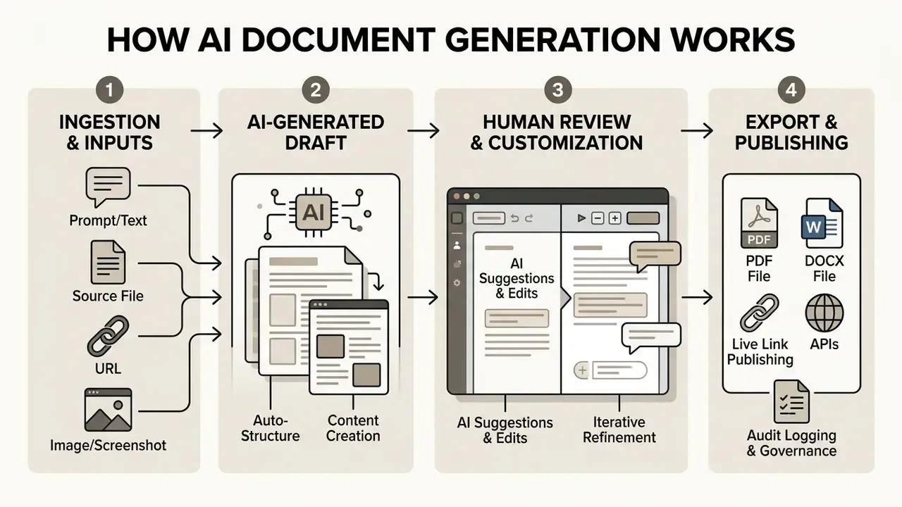 Four-step diagram showing data ingestion, draft creation, human review, and final export to PDF or DOCX
