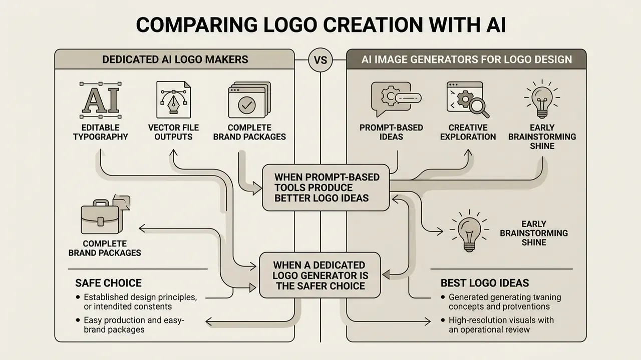 Diagram comparing features and use cases of dedicated AI logo makers versus general AI image generators