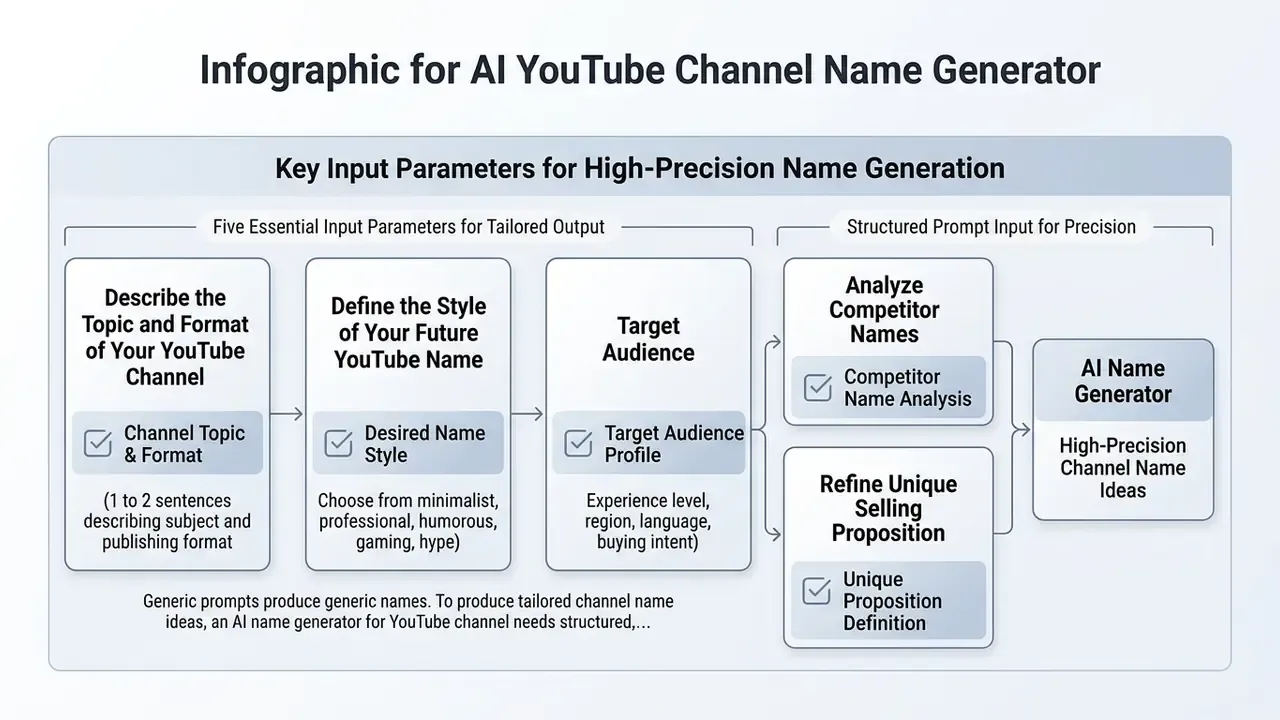 Diagram detailing five essential input parameters for an AI YouTube channel name generator