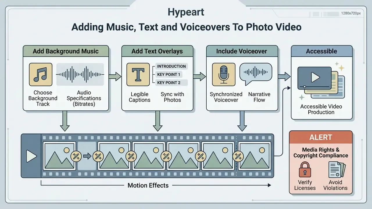 Diagram showing how to add music, text, and voiceovers to a video with pictures for better accessibility