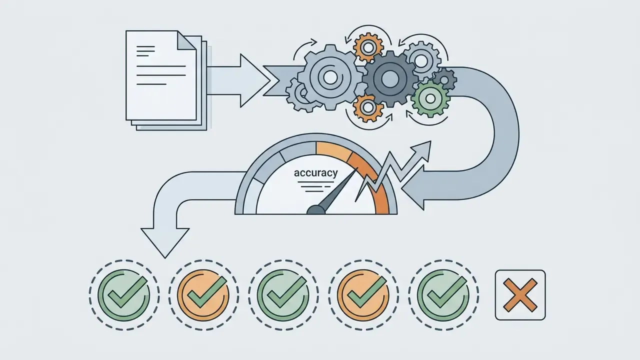 Documents feeding into gears and an accuracy gauge that leads to a series of checkmarks and an x mark
