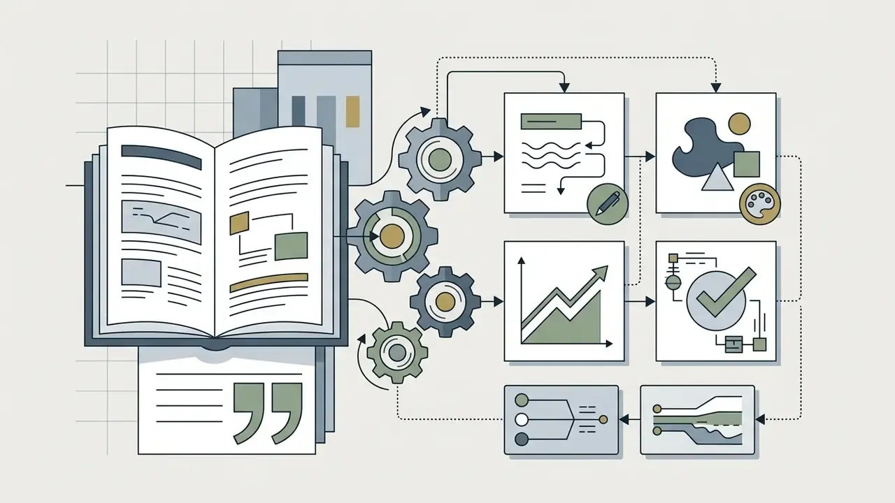 Open book feeding into gear mechanisms that connect to research data, artistic patterns, and checkmark icons