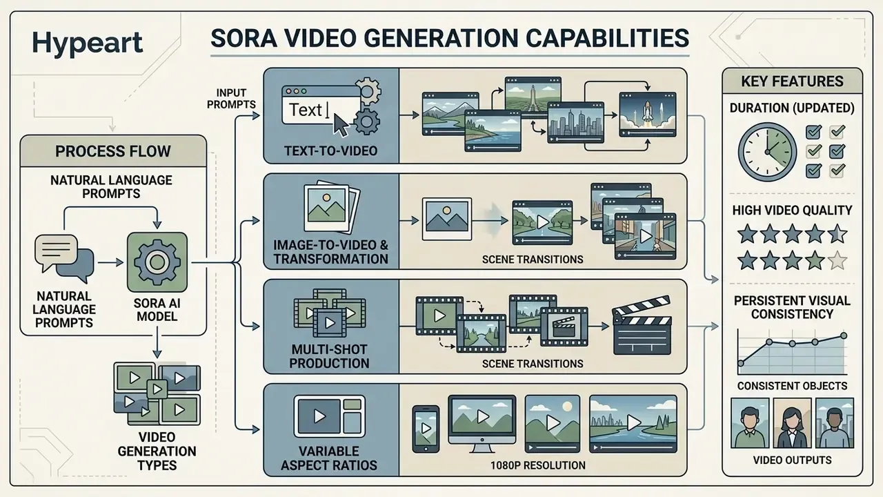 Flowchart detailing Sora AI video generation methods including multi-shot production and aspect ratios