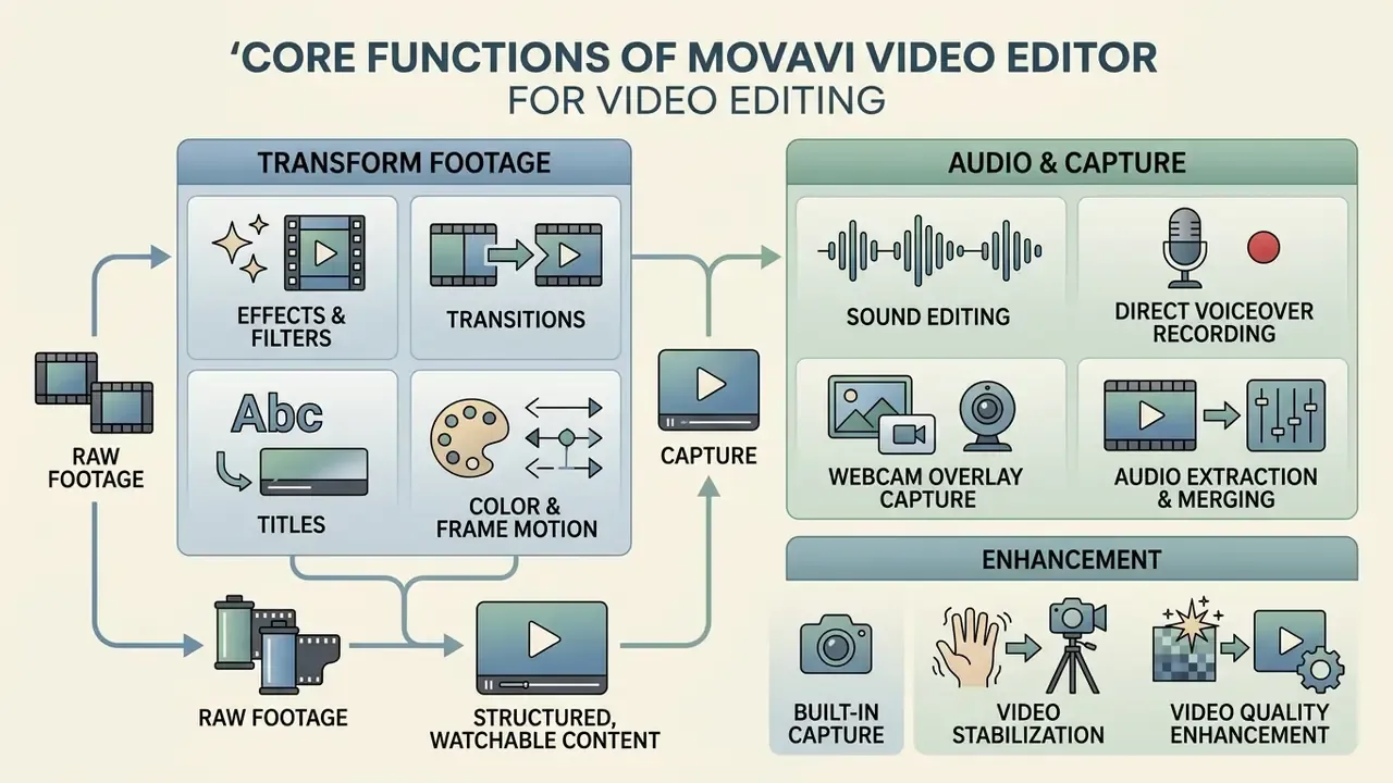 Flowchart detailing tools for transforming raw footage, audio capture, and video enhancement processes