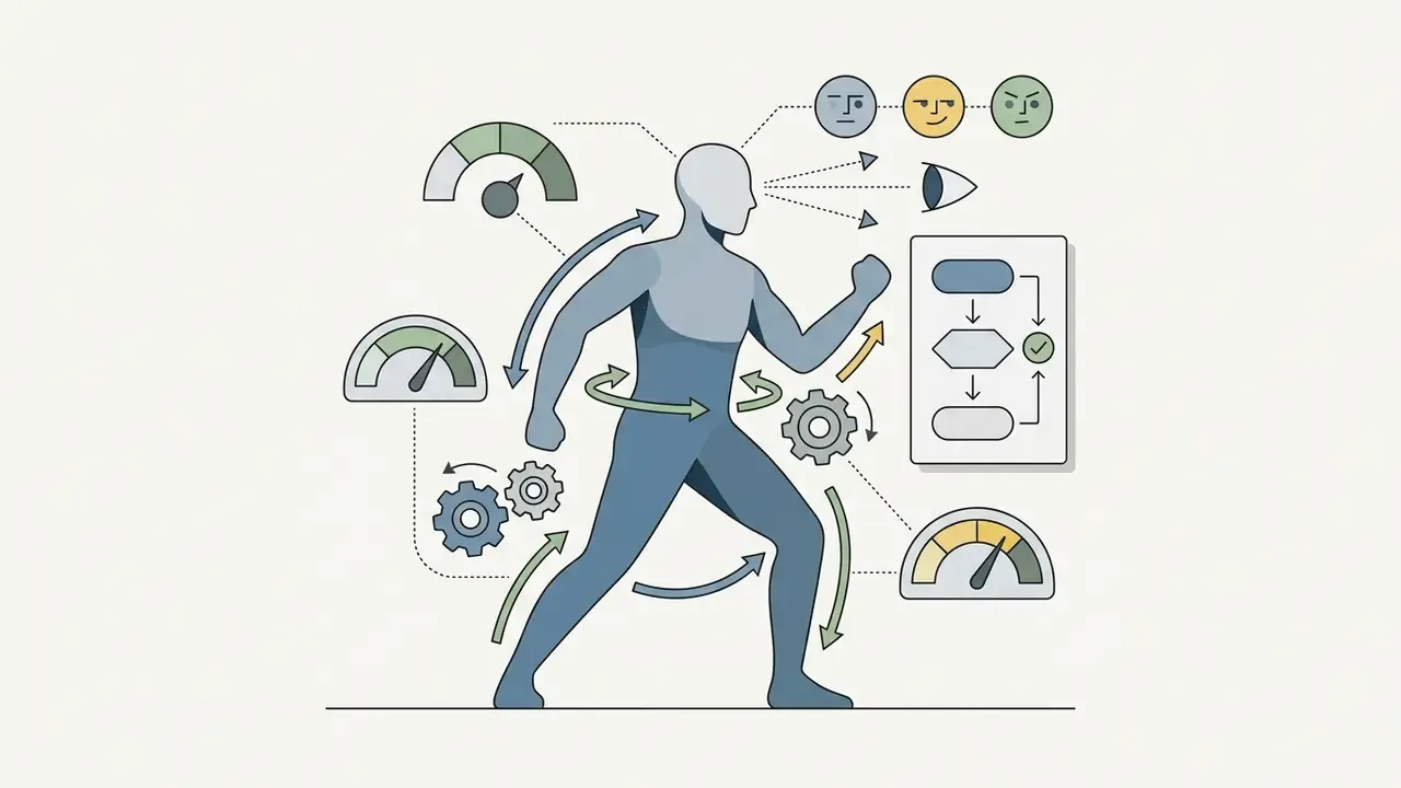 Human figure in motion surrounded by facial expression icons, movement arrows, gears, and gauge diagrams