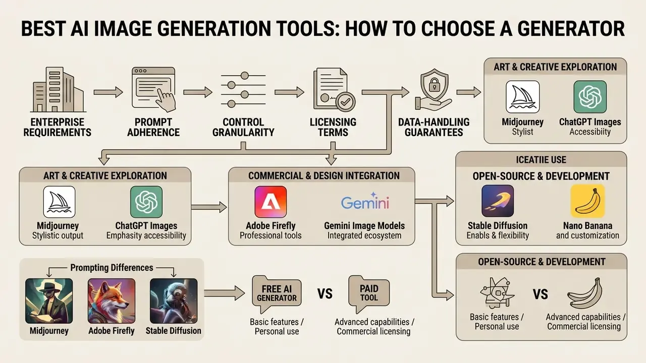 Flowchart mapping enterprise selection criteria to specific generative models and usage categories