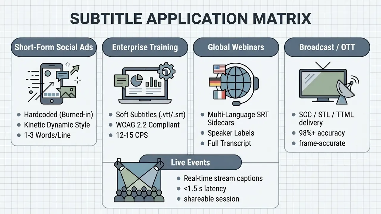 Matrix of five categories showing technical requirements for video subtitle and caption delivery