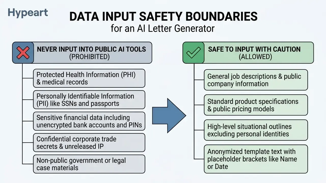 List comparing prohibited sensitive data inputs versus allowed general information for AI tools