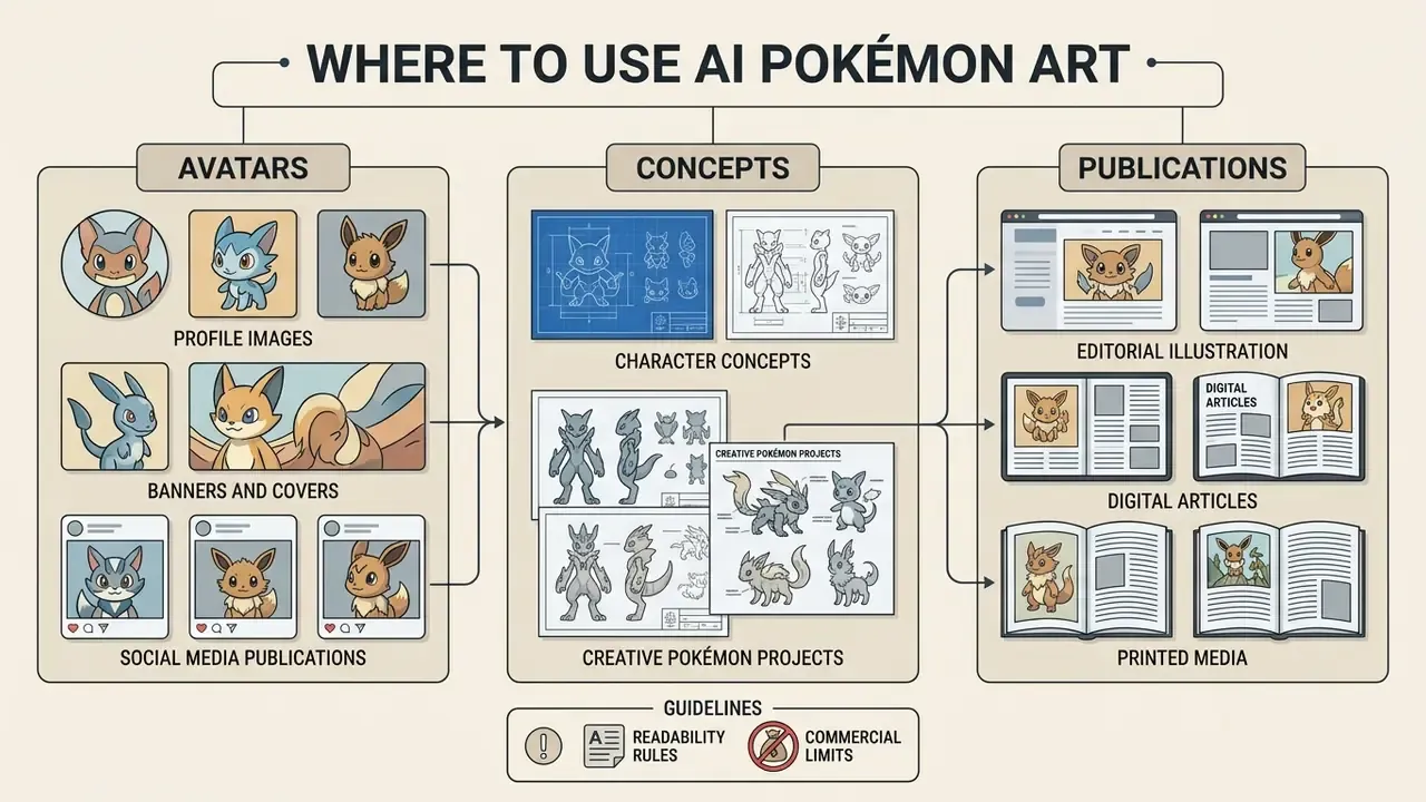 Diagram showing creative applications for generated creature designs across avatars, concepts, and publications