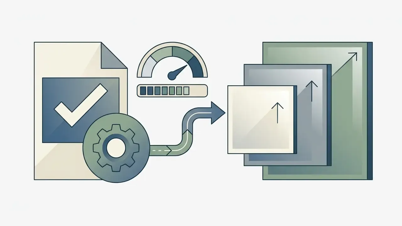 Document with a checkmark and gear icon moving through a gauge to scale up layered image frames