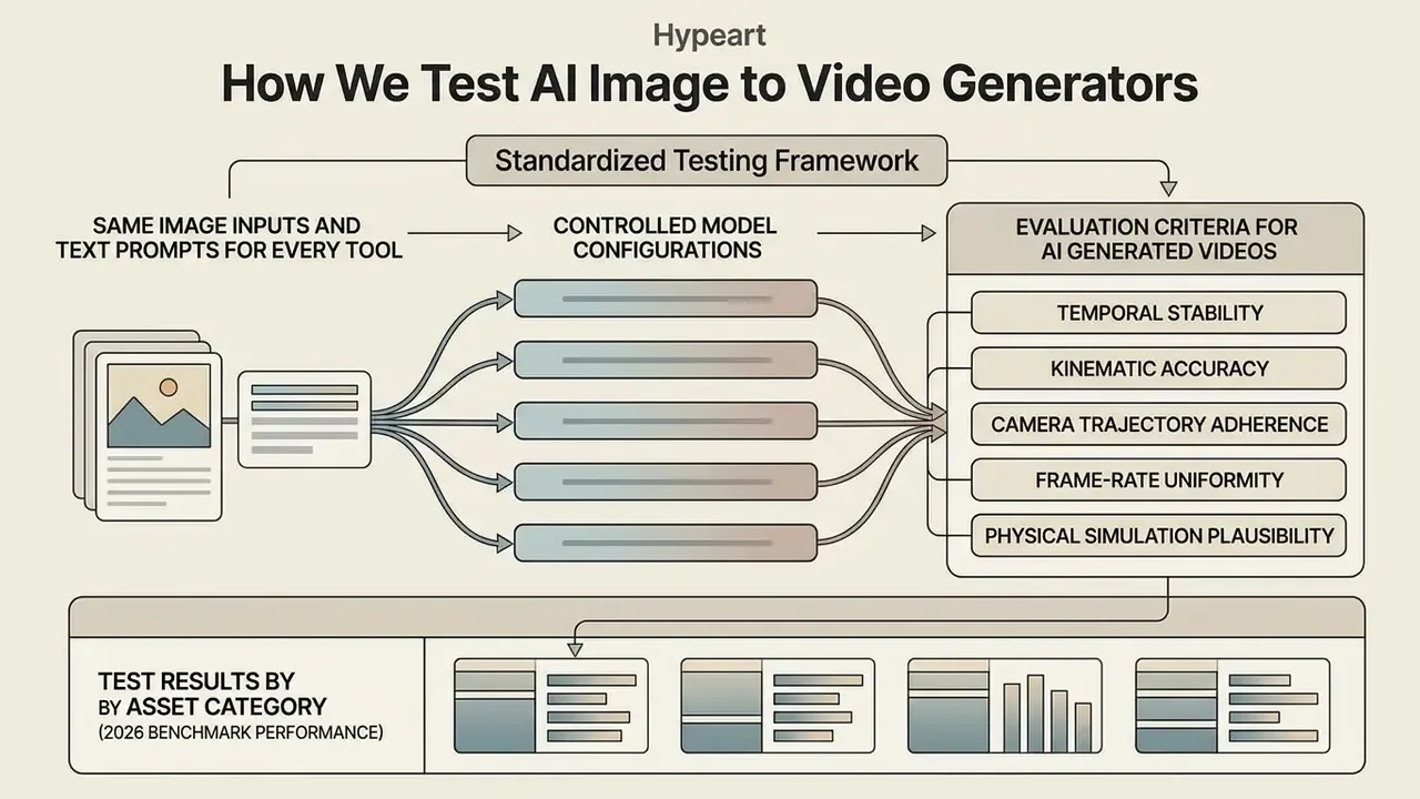Flowchart detailing the standardized testing framework for AI image to video generators using input assets