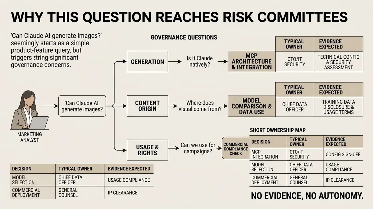 Decision tree mapping governance questions and ownership roles for Claude AI image generation requests
