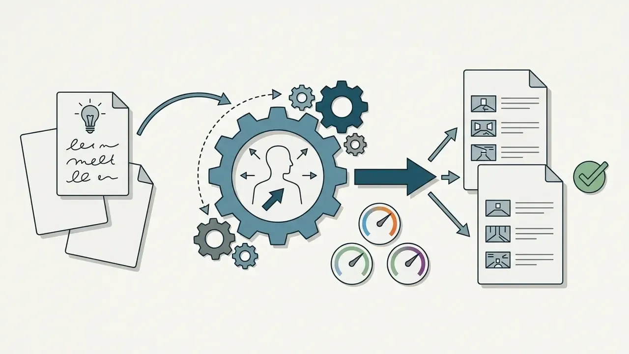 Documents with lightbulb icons feeding into a gear mechanism that outputs storyboarded script pages