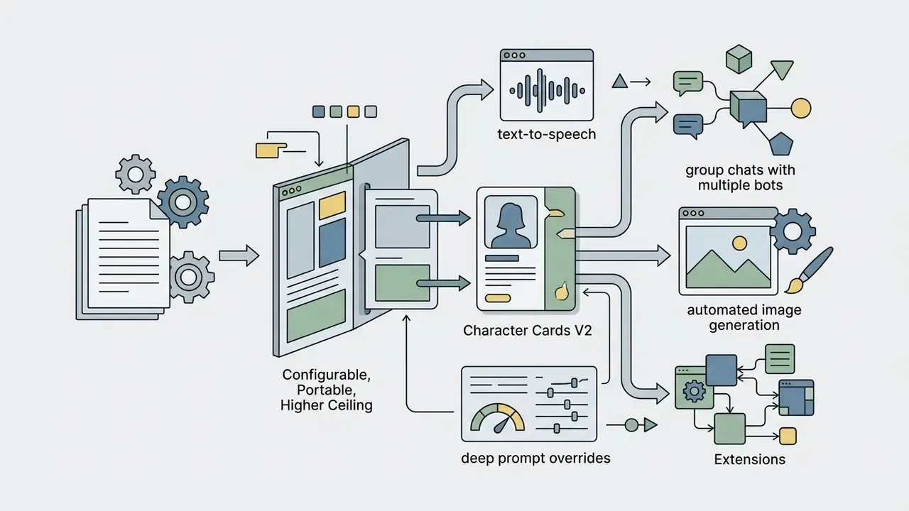 Document and gear icons connecting to a central interface that branches out into various bot extensions