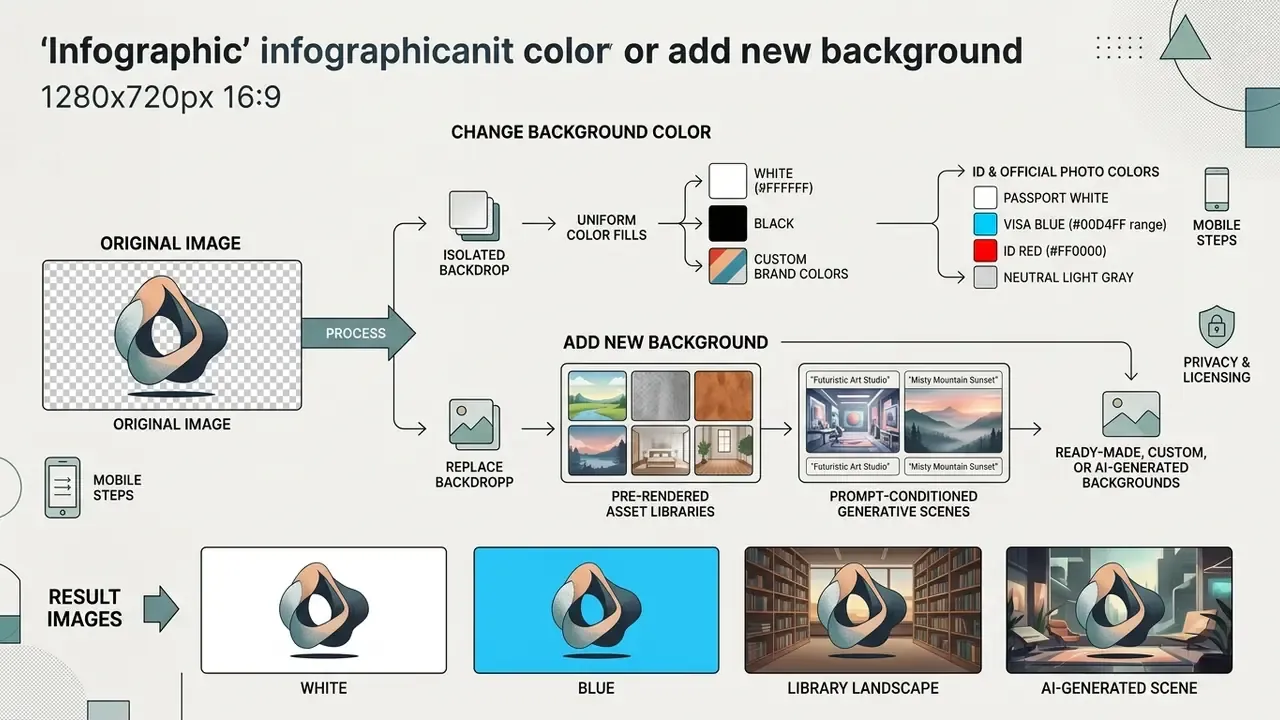 Flowchart detailing options for applying solid colors or custom scenes using a photo background editor