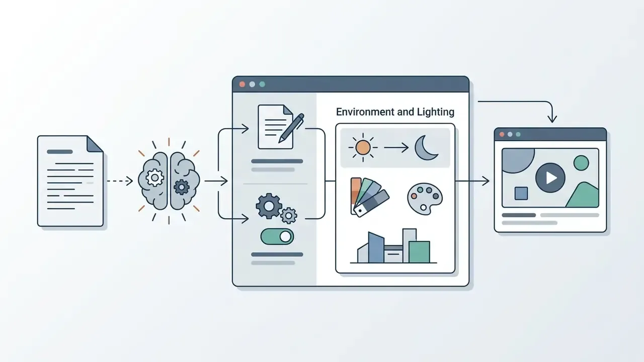 Document input processed by a brain icon into interface settings for lighting and environment design