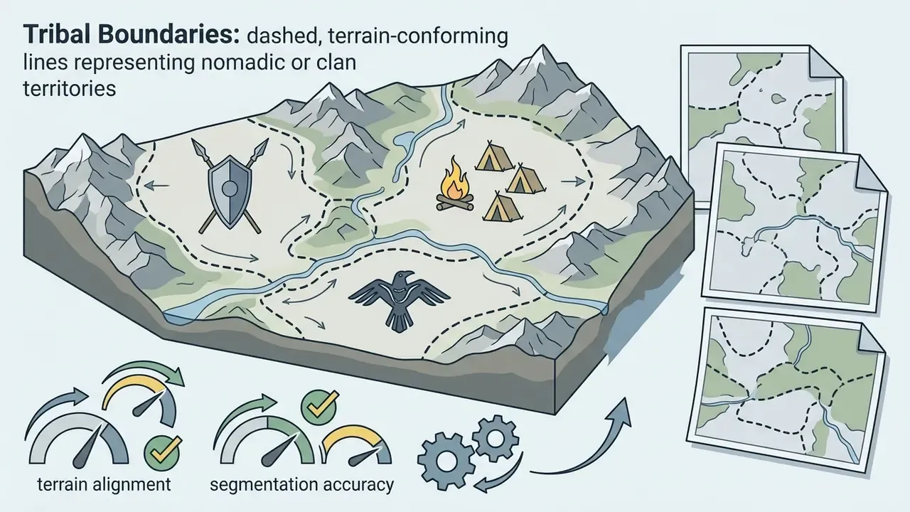 Isometric terrain block showing dashed boundary lines around camp icons and symbols with performance gauges