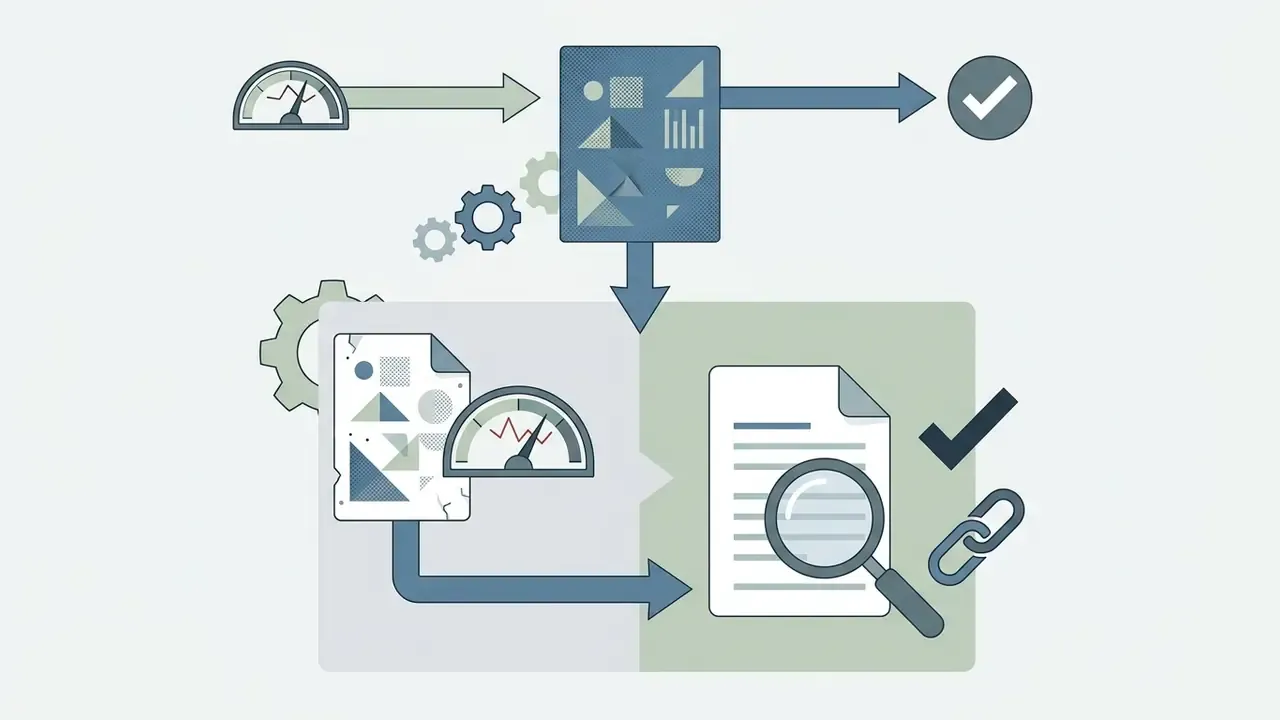 Gear mechanism feeding a document into a processing hub with a magnifying glass and link icon