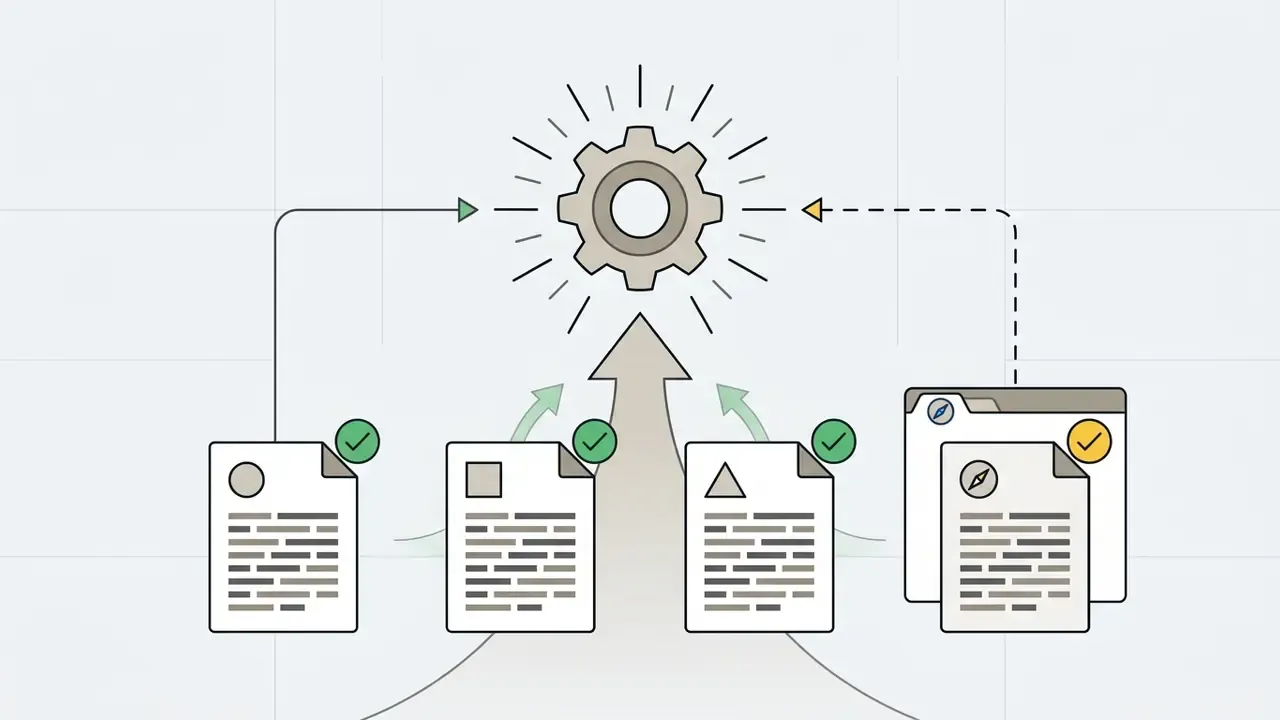 Document icons with checkmarks and a browser window feeding into a rotating gear mechanism