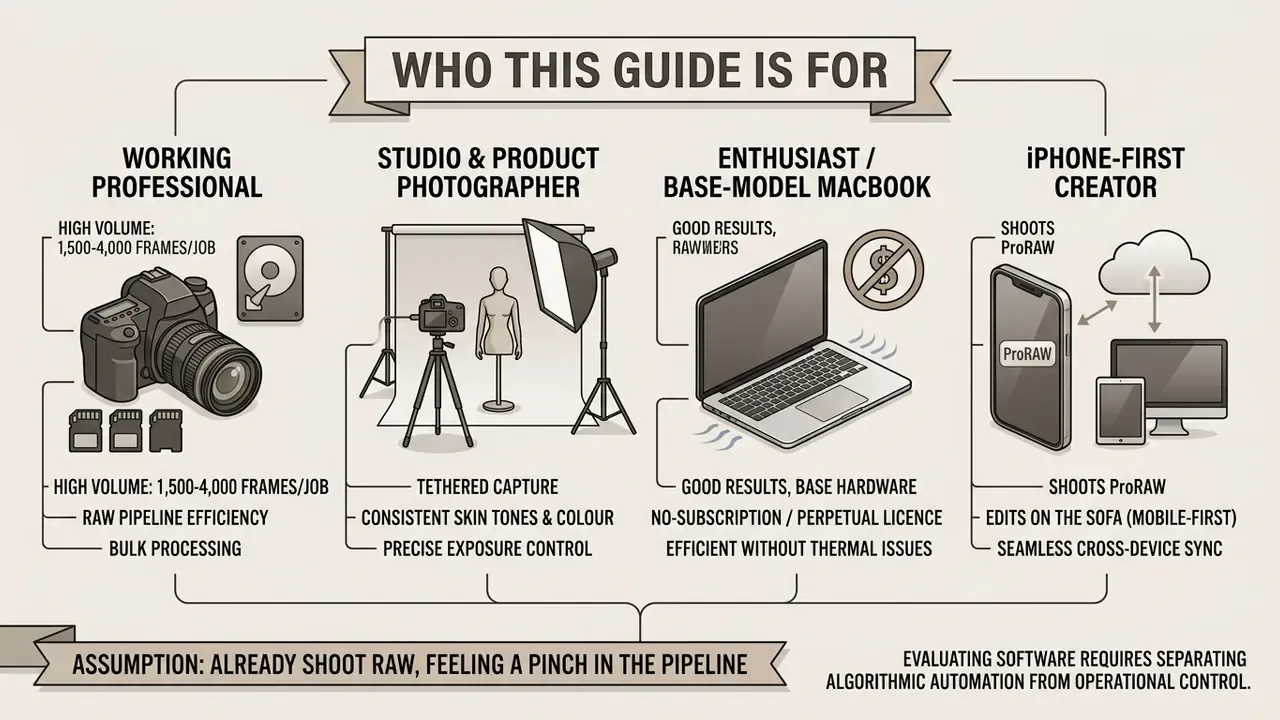 Infographic outlining four photographer profiles including professional, studio, enthusiast, and mobile users