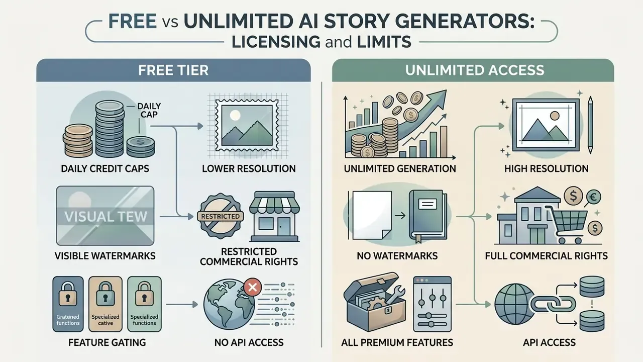 Comparison chart contrasting free tier limitations with unlimited access features for AI story generators