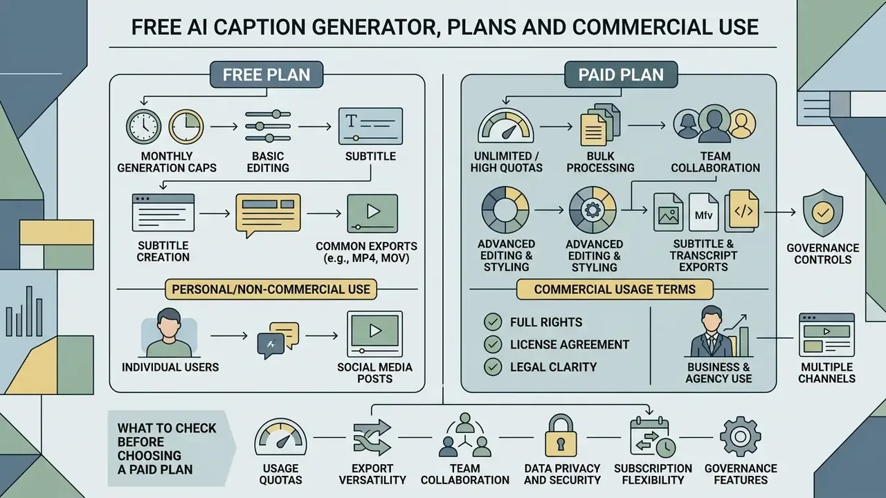Comparison of free and paid subscription features including usage limits, editing tools, and commercial rights