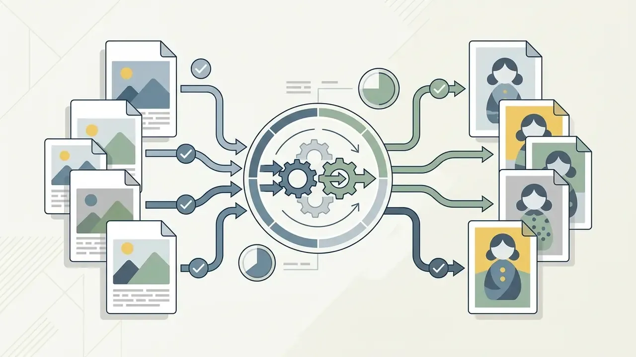 Four documents flowing into a central gear mechanism that processes them into four distinct doll portraits