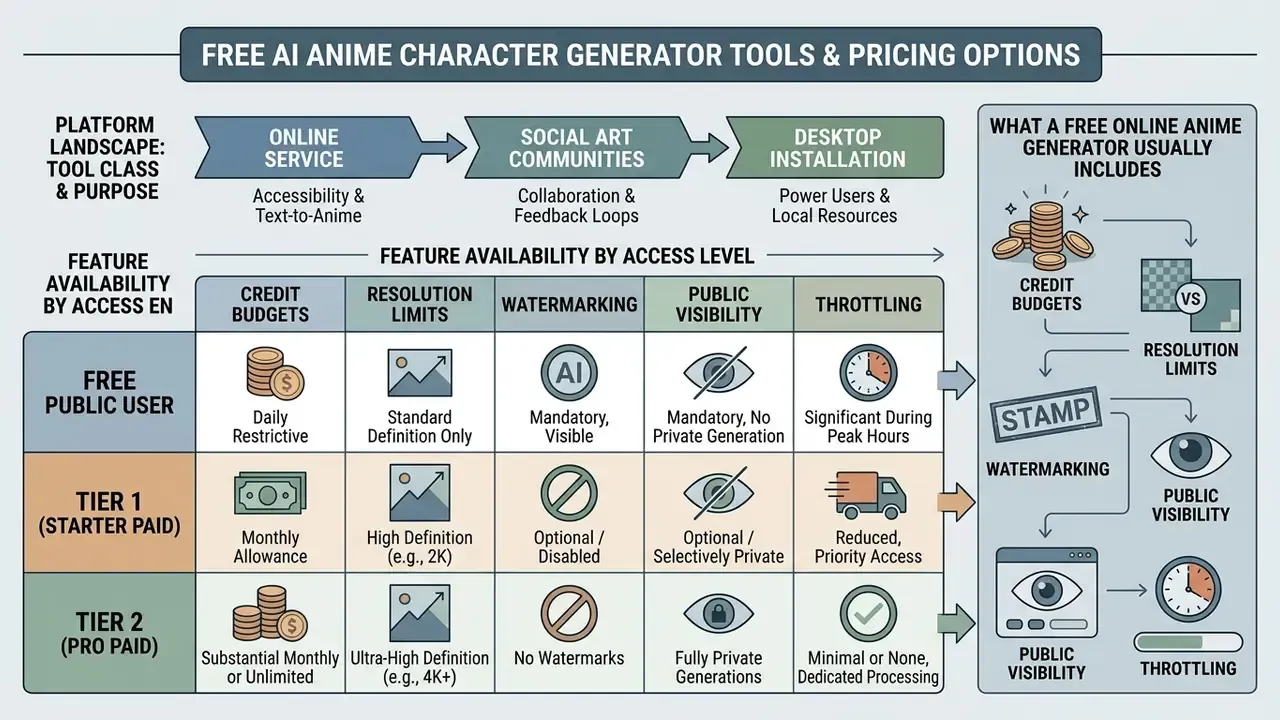 Comparison table mapping platform tiers to feature availability like resolution limits and watermarking