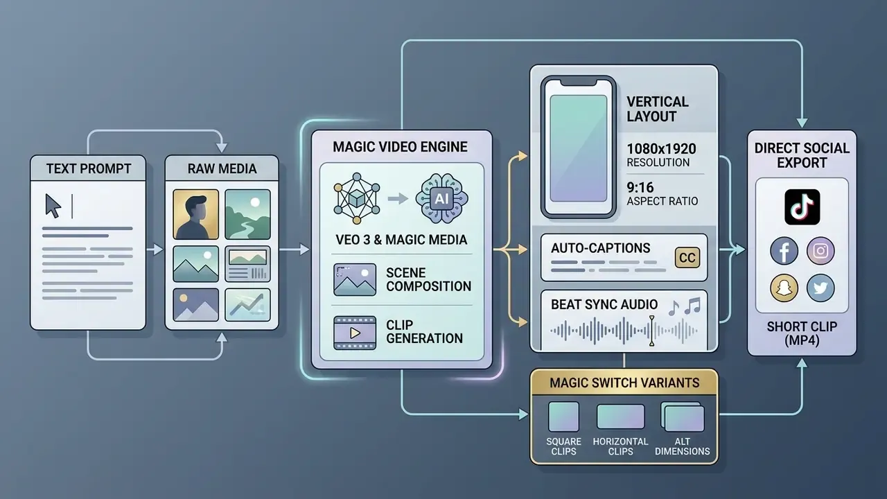 Process diagram showing text and media inputs transforming into vertical video clips for social media export