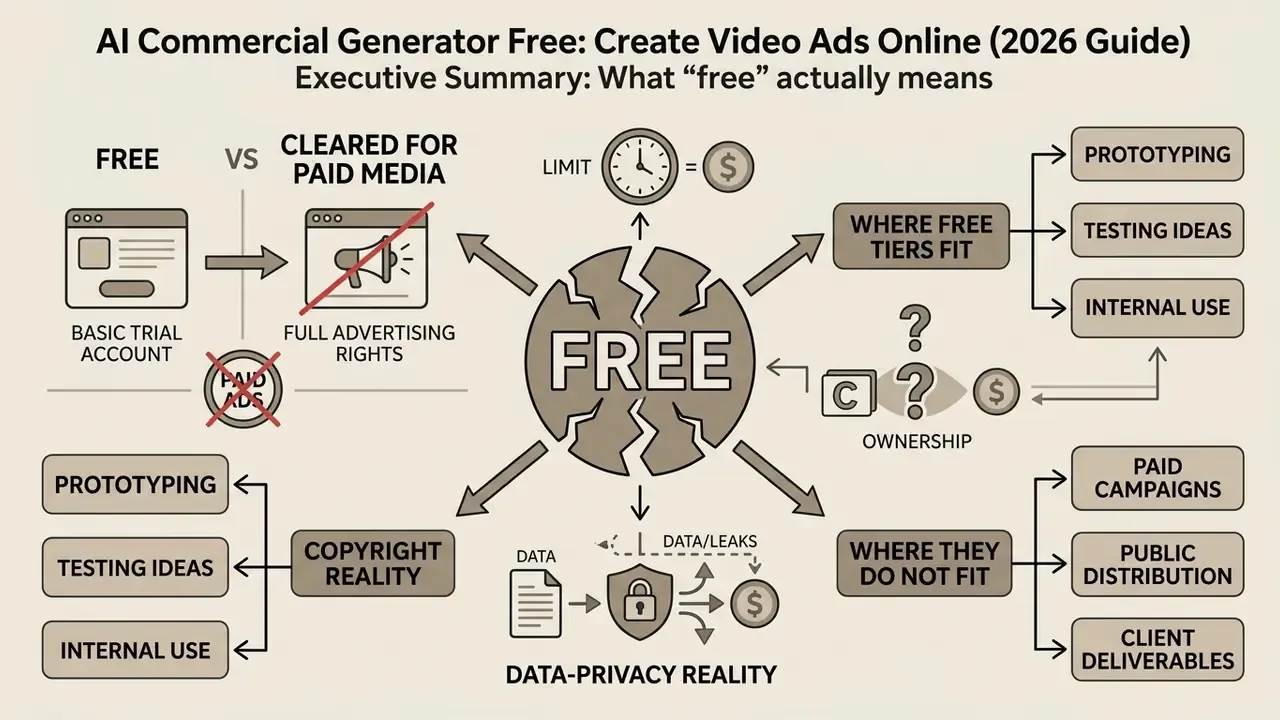 Infographic showing the limitations of a free AI commercial generator regarding usage and copyright