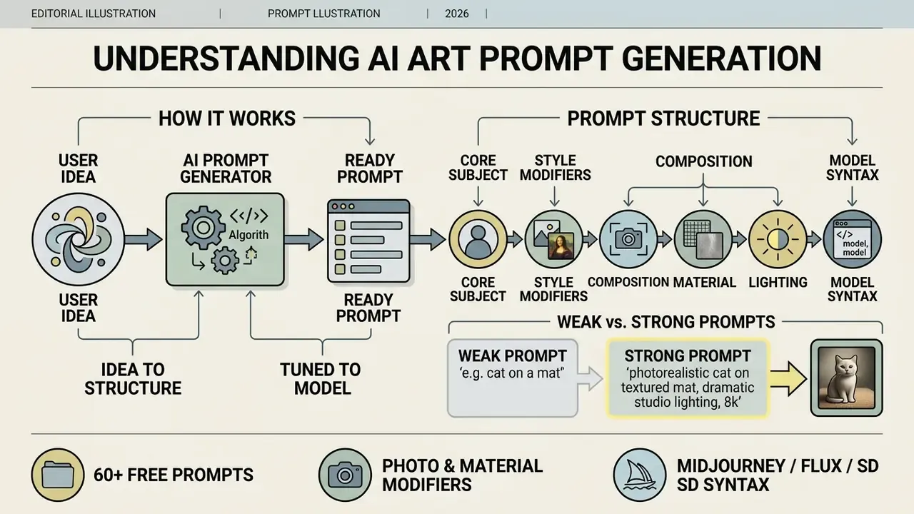 Infographic showing how an AI art prompt generator converts user ideas into structured model syntax