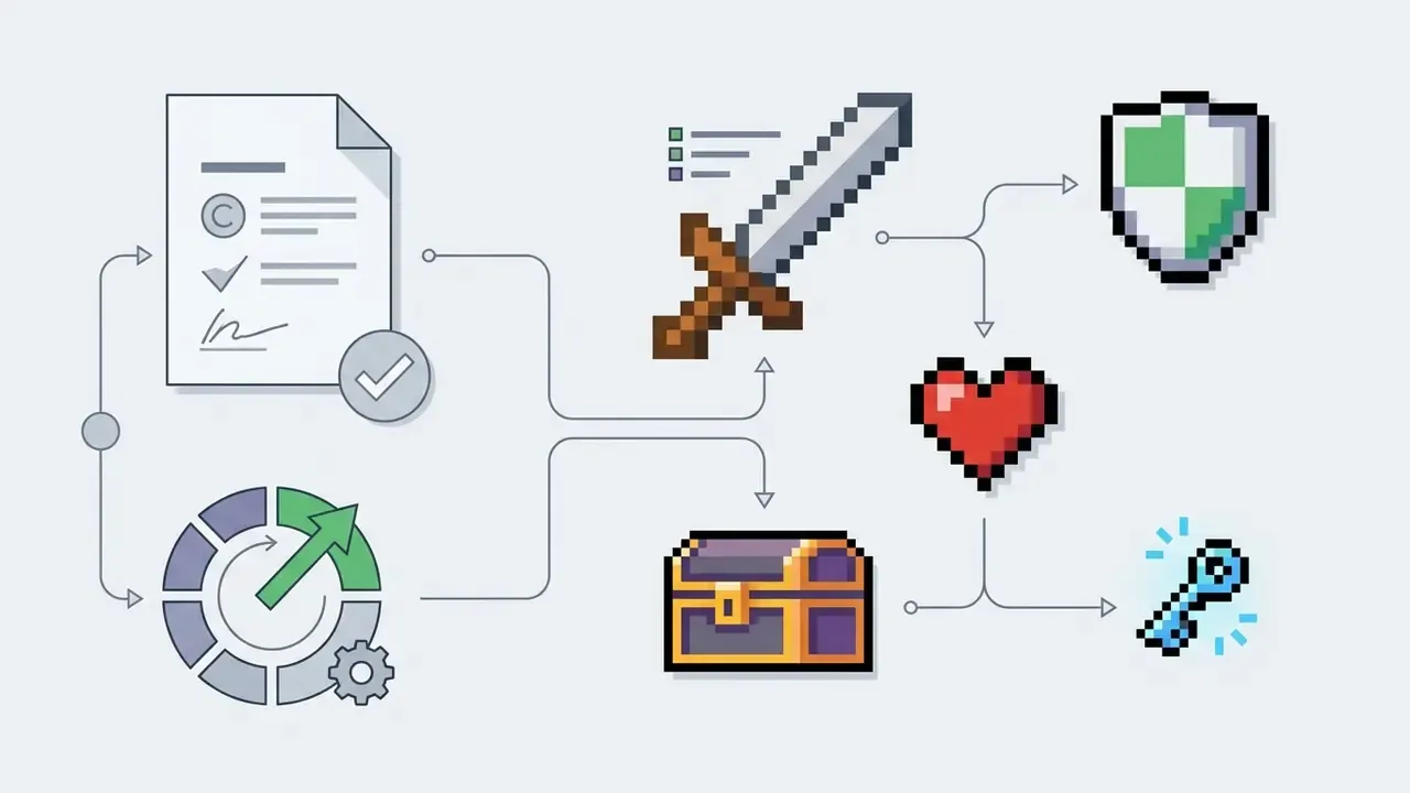 Document and gear icons connecting to a sword, chest, shield, heart, and key as game inventory items