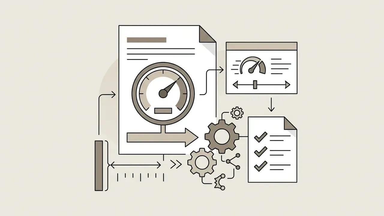 Document with a speedometer icon connecting to performance settings and a checklist of metrics