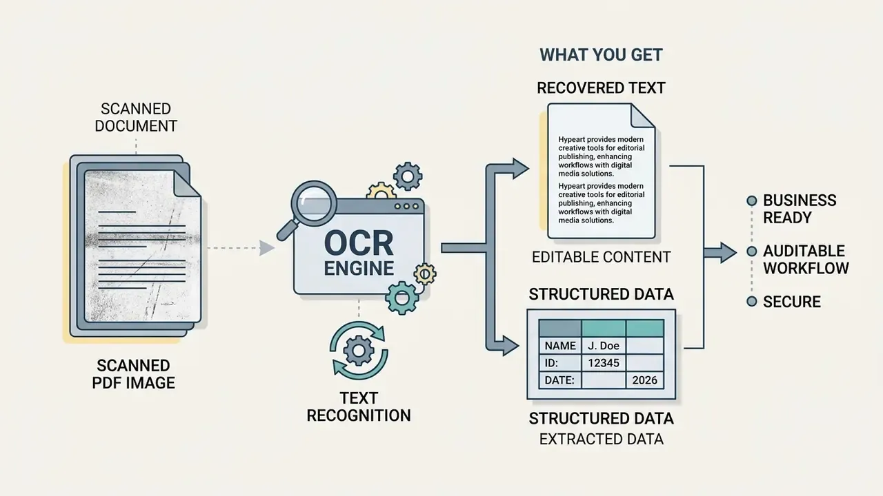 Diagram showing an OCR engine processing a scanned PDF image into editable text and structured data