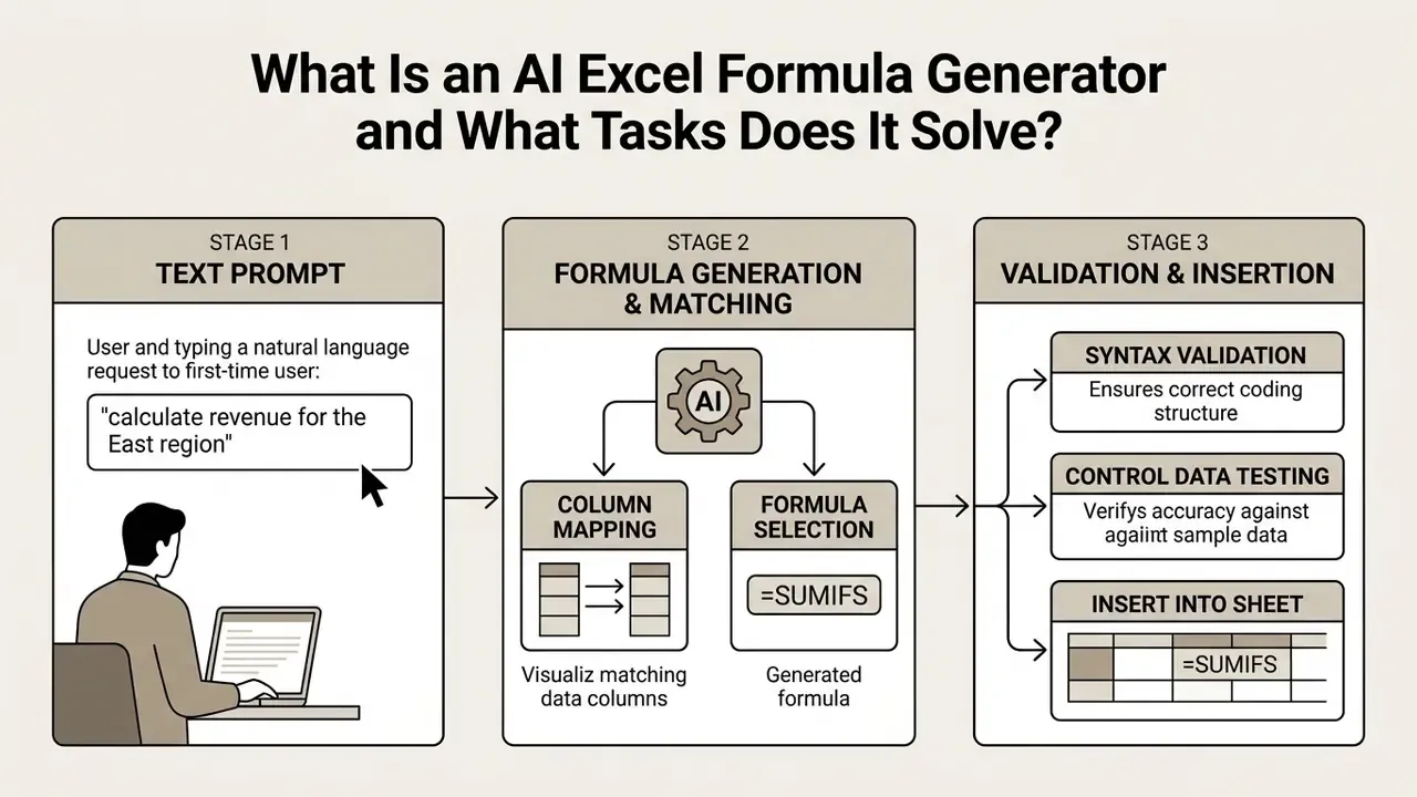 Workflow diagram showing text prompts being converted into Excel formulas through AI processing