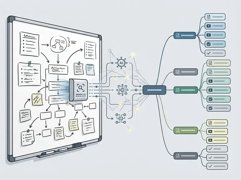 Handwritten whiteboard notes being processed by an AI engine into a structured digital mind map