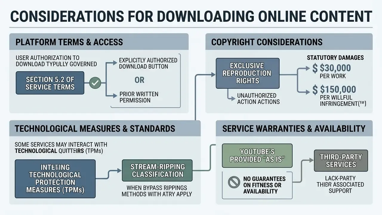 Flowchart detailing legal, copyright, and technical considerations for downloading online video content