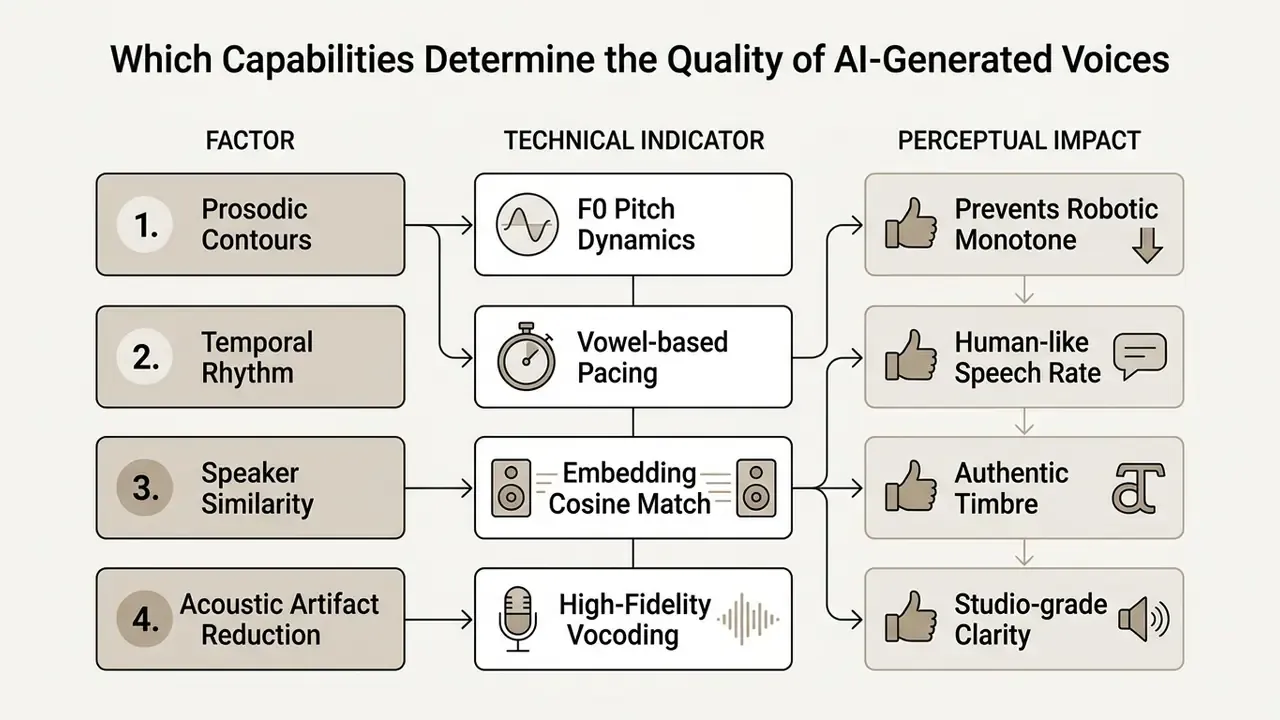 Table mapping four speech factors to their technical indicators and resulting perceptual impacts