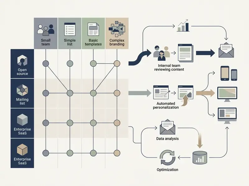 Matrix mapping operational needs to specific content workflows, review processes, and delivery channels
