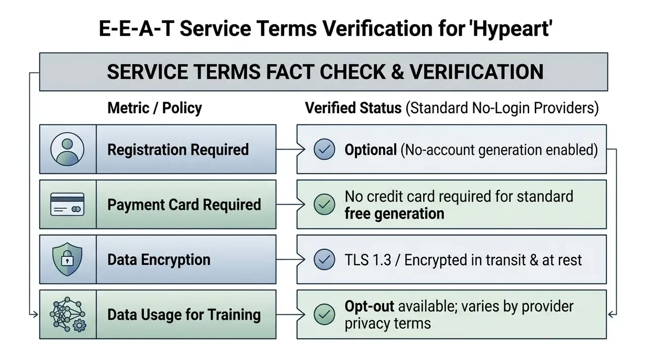 Table comparing service policies for registration, payment, encryption, and data usage for AI tools