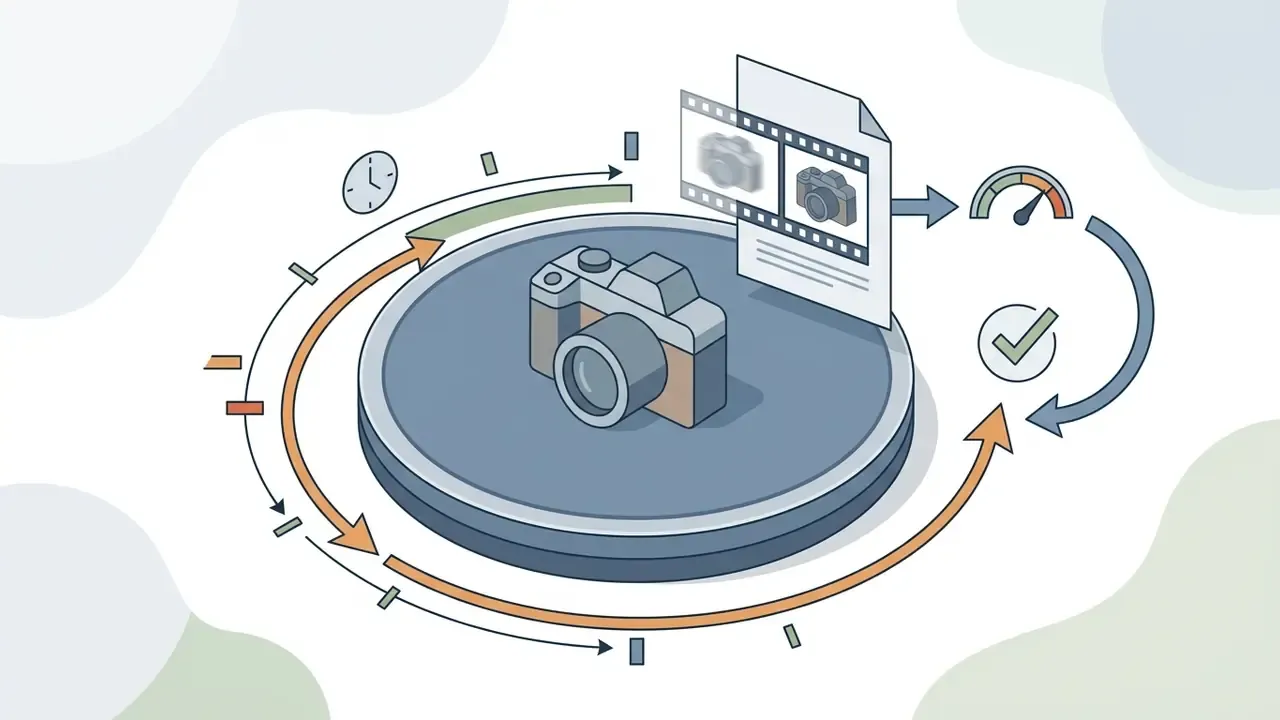 Camera on a rotating platform connected to a film strip document with a speed gauge and checkmark icon