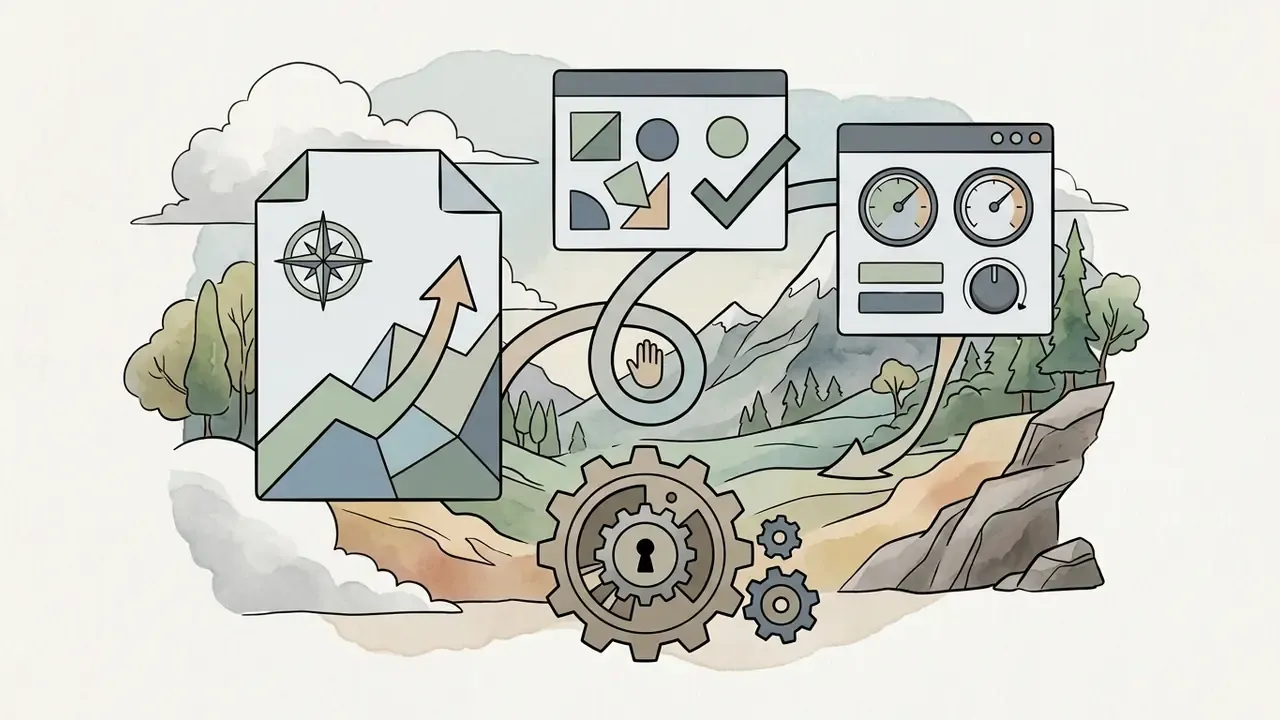 Document with compass and arrow, control windows with gauges, and a gear mechanism over a landscape