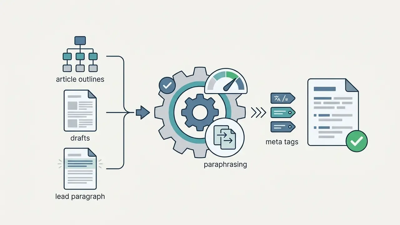 Icons for outlines, drafts, and paragraphs feeding into a central gear for processing into meta tags
