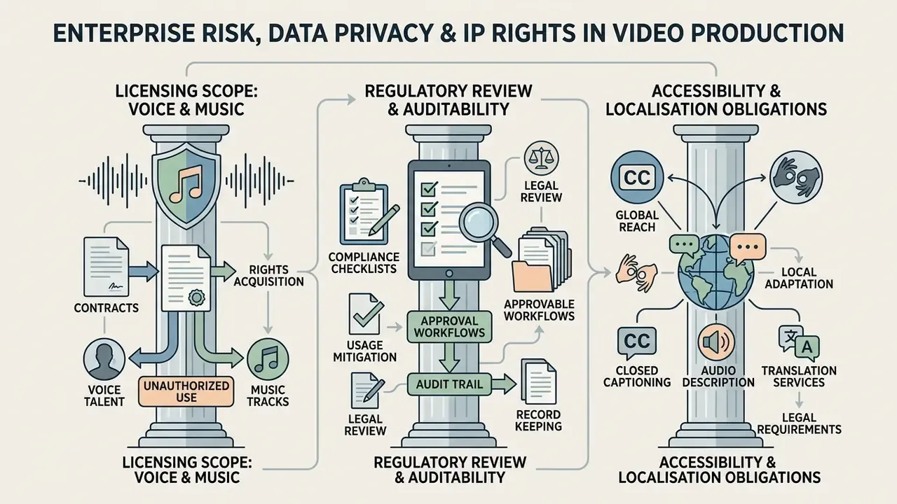 Three pillars representing licensing, regulatory review, and accessibility requirements for video production