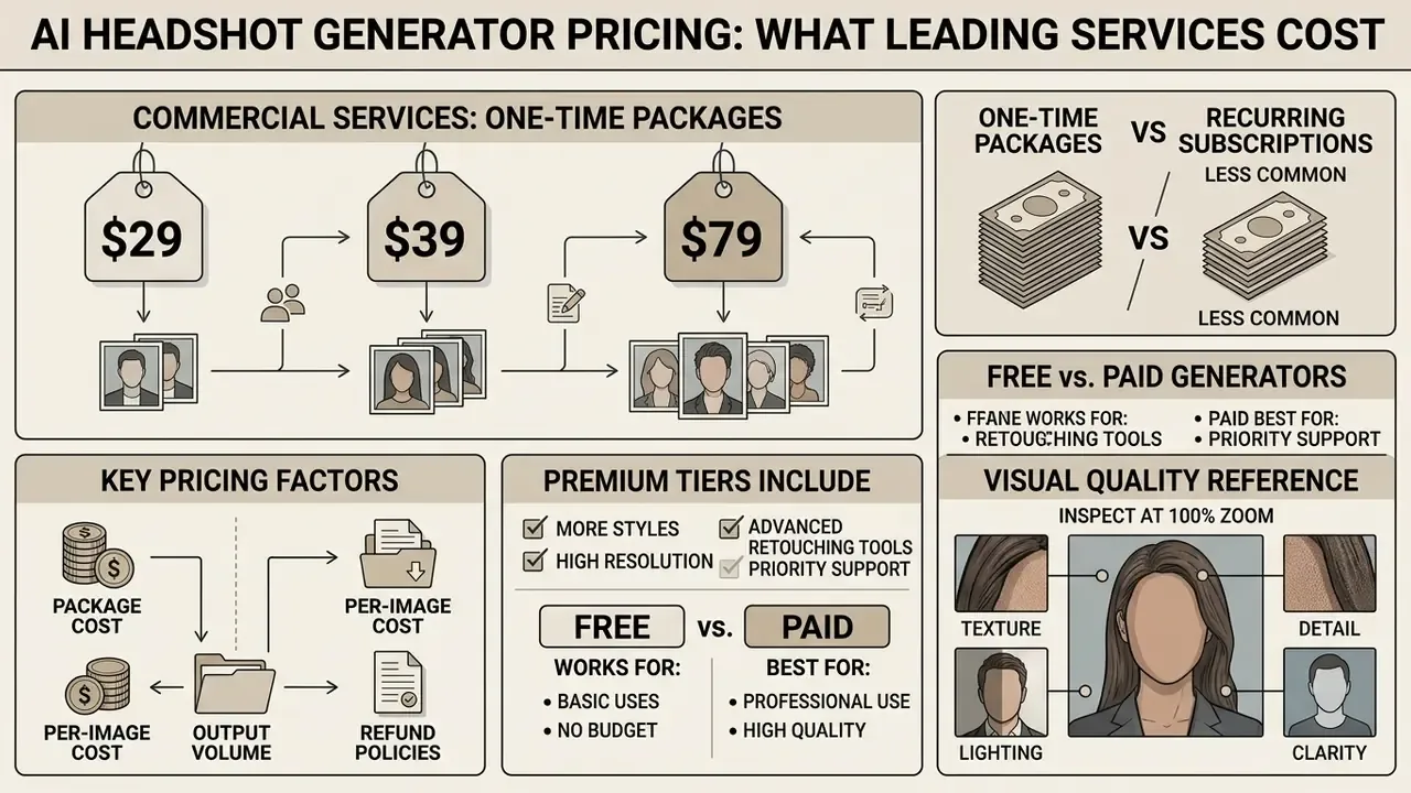 Infographic comparing one-time pricing packages and quality factors for an AI headshot generator