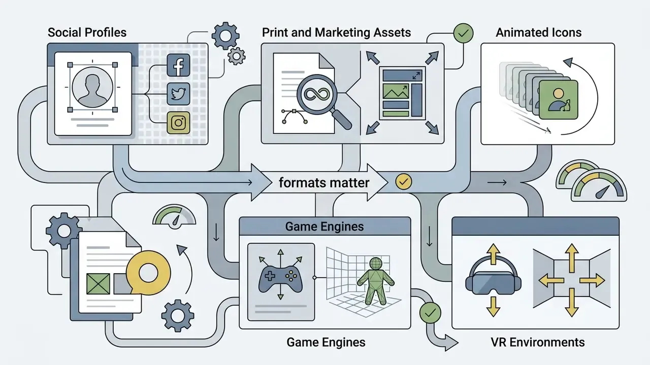 Network of paths connecting digital file formats to social media, print, game engines, and VR uses