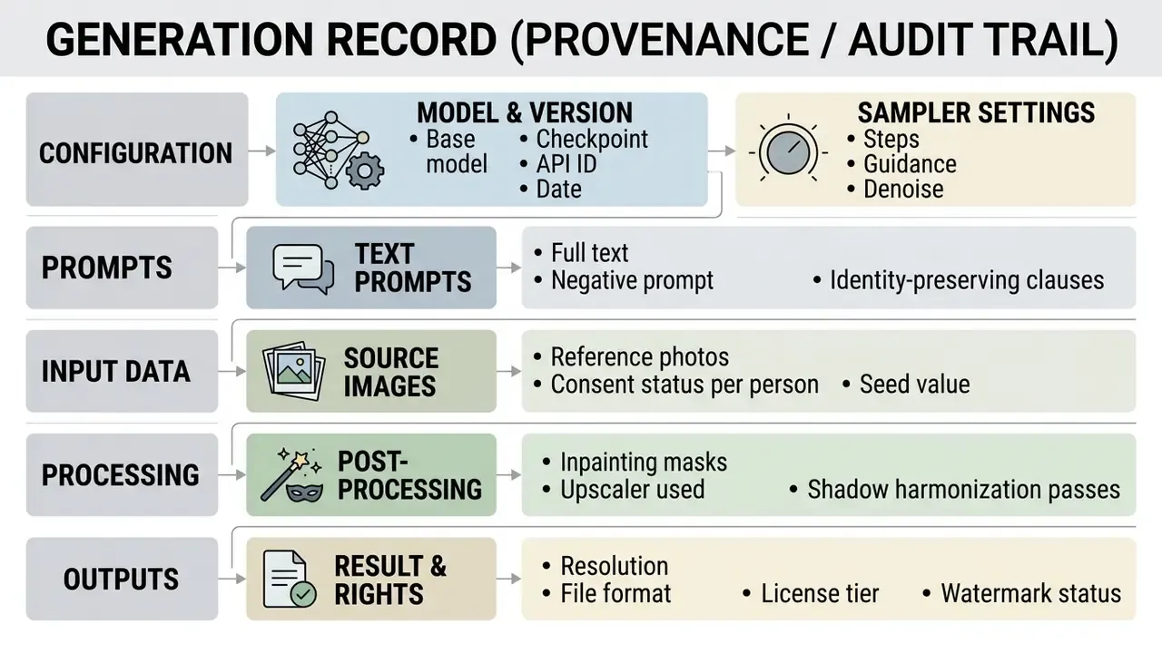 Flowchart listing required technical metadata and documentation categories for synthetic image generation