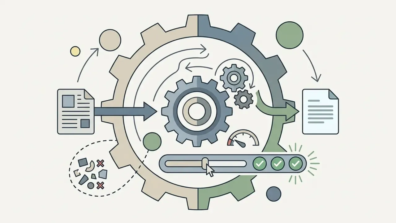 Document being processed through a central gear system with a gauge and a verified progress bar
