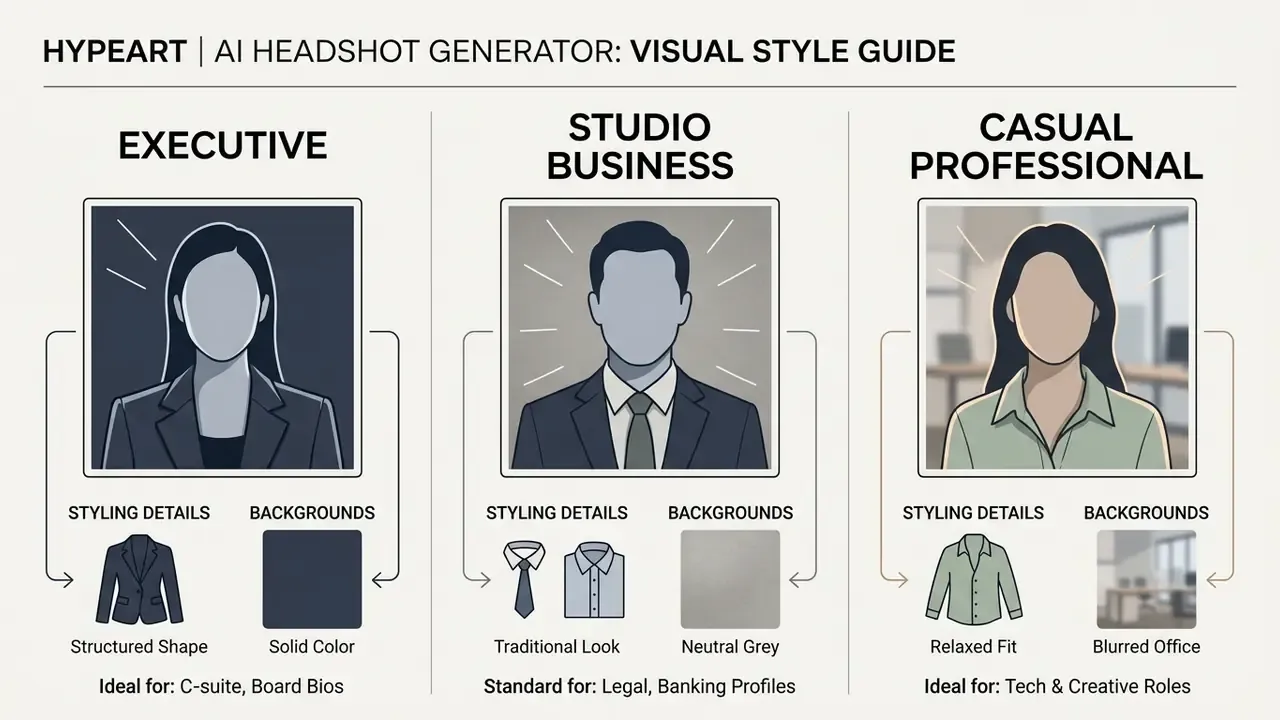 Comparison of executive, studio business, and casual professional headshot styles with clothing and backgrounds