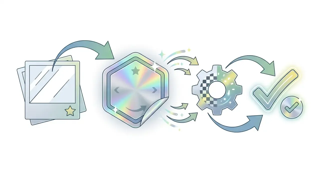 Flowchart showing a photo moving to a shiny hexagonal sticker then through a gear to a checkmark
